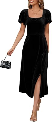 BLENCOT Womens Casual Fall Short Sleeve Square Neck Midi Dress Side Slit Velvet Wedding Guest Flowy Party Dresses