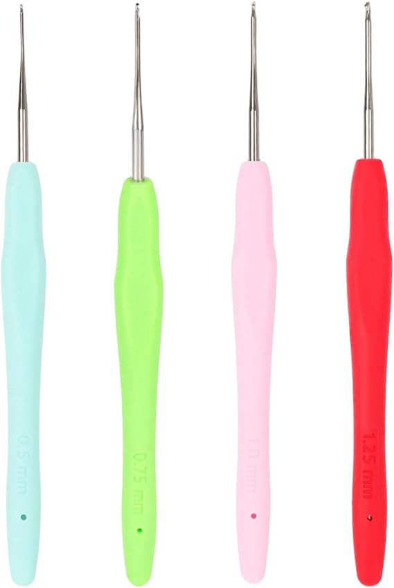 KinetiCore 4Pcs Small Crochet Hooks Set, 0.5/0.75/1.0/1.25mm Ergonomic Metal Hooks with Soft Rubber Handle, Smooth Aluminium Fine Needles for Lace, Amigurumi & Arthritis Hands