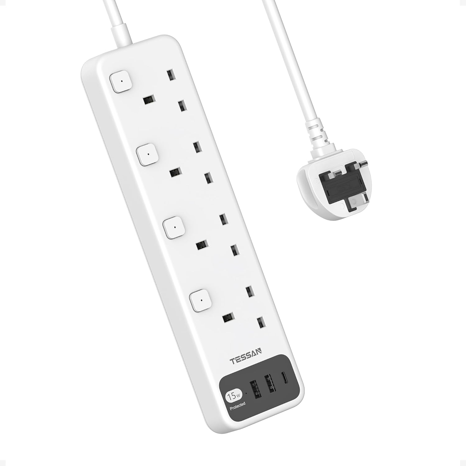 Extension Lead with USB C Slots, TESSAN 4 Way Multi Plug Extension Sockets with Individual Switch, Wall Mountable Extension Cable 2M, 3250W Multiplug Power Strip for Home, Office, School Supplies