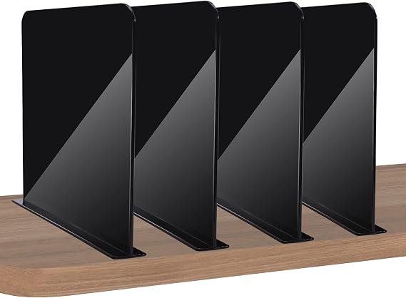 ROUFA Clear Shelf Dividers, 4Pcs Acrylic Closet Dividers Fit for Any Thickness of Shelves, Multi-Purpose Wood Shelf Separators for Bedroom, Kitchen, Office, Bathroom, 11.8''x11'' (Black)