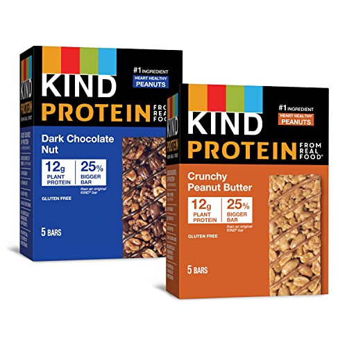 KIND Protein Snack Bar, Variety Pack, Dark Chocolate Nut and Crunchy Peanut Butter, Healthy Snacks, Gluten Free, 12g Plant Protein, 10 Count