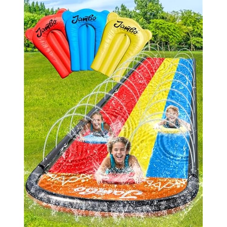 Jambo 16ft Premium Slip Splash and Slide, Three- Way Sprinkler System with 3 Body Boards, Water Slide with Advanced Sprinklers System | Backyard Waterslide Outdoor Water Toys Slides for Kids