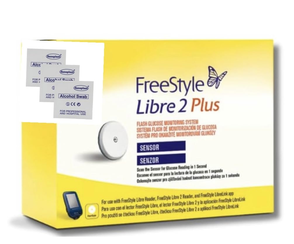 Free-style Libre 2 Plus Glucose Monitoring Sensor 1 Sensor - Real-Time CGM for Diabetes Management, Waterproof, with Free Alcohol wipes
