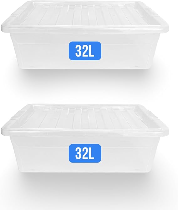 KAPCO Clear Plastic Storage Boxes 2 x 32L Under Bed Storage Box with Clear Lid | Stackable Multipurpose Containers for Home Office Kitchen | Ideal Underbed Storage Solution | Portable Moving Boxes