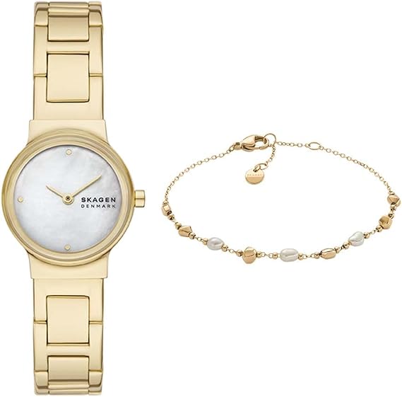 Skagen Women's Freja Lille Gold-Tone Stainless Steel Watch and Agnethe Pearl Bracelet, Set