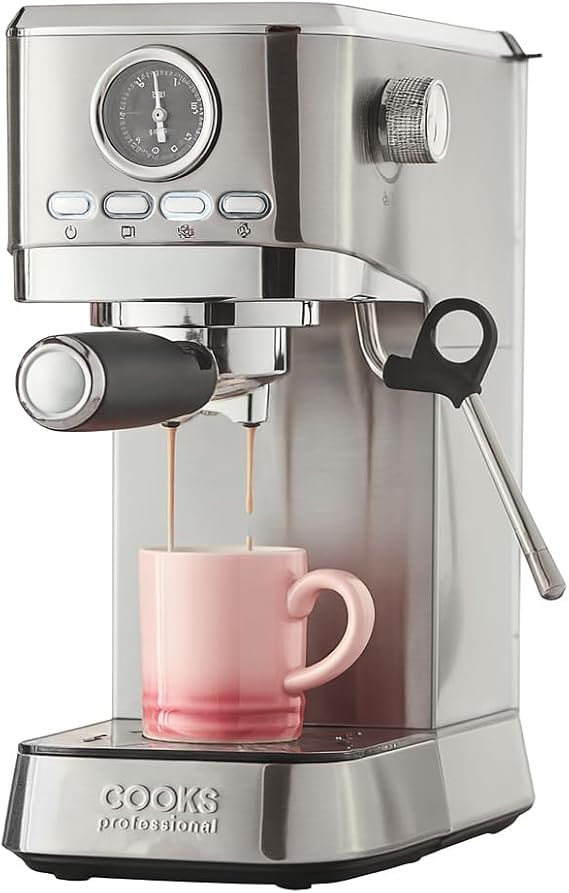 Cooks Professional 20 Bar Espresso Coffee Machine with Steam Wand, 1L Water Tank & Stainless-Steel Drip Tray | Compact & Stylish Barista-Style Coffee Cappuccino Latte Macchiato Maker | 1350W | Silver