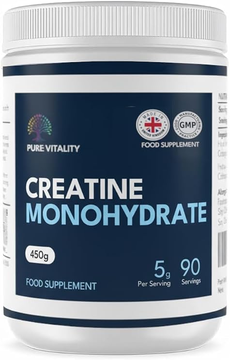 Pure Vitality | Creatine Monohydrate Powder - 450g - Easy Dissolve Creatine Powder, Unflavoured & Micronised | Vegan Creatine for Women and Men | Made in THE UK | Scoop Included