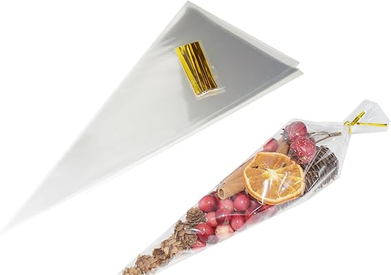 Cone Treat Bags, 7"x15" 100pcs Large Clear Cellophane Bags for Popcorn with 100pcs ties