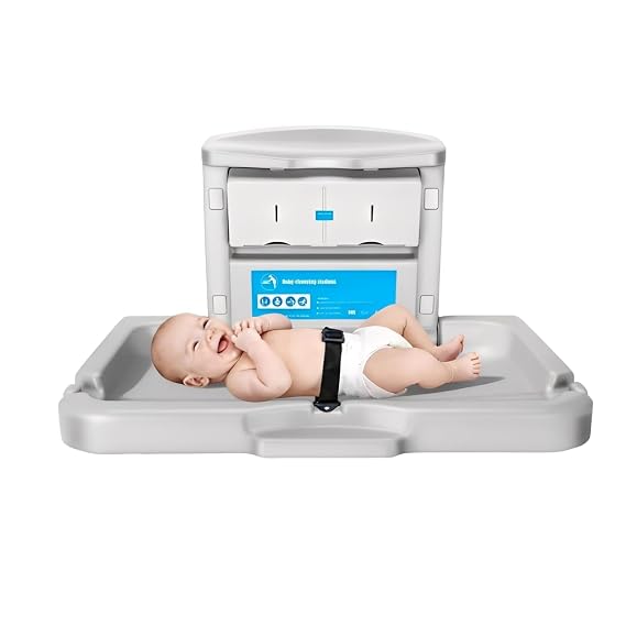 Commercial Baby Changing Station, Wall Mount with Safety Strap | Folds flat to save space. Ideal for restrooms in hotels, airports and commercial spaces. Easy to clean and secure
