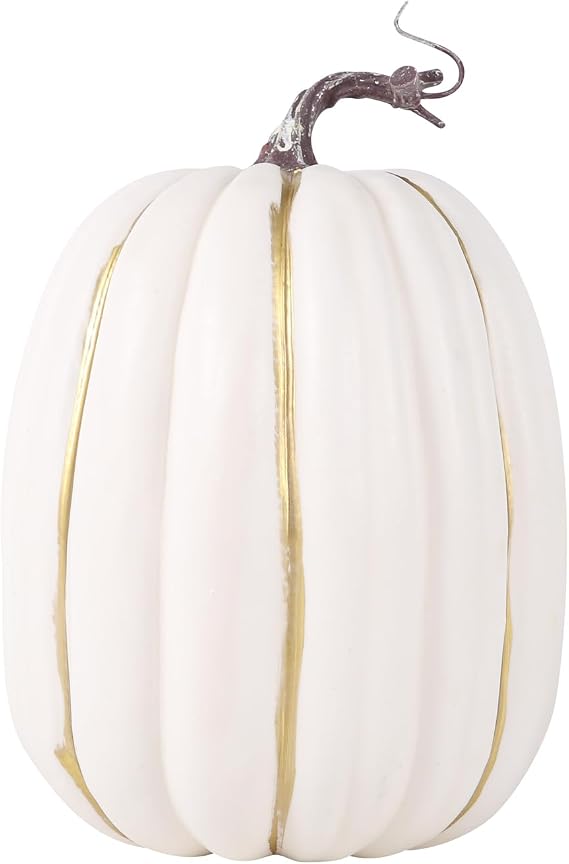 Large Fake Pumpkins for Decorating Big Decorative Foam Pumpkins for Fall Decor, Artificial Plastic Pumpkins Perfect for Halloween Decor Thanksgiving Table Decor (White Gold Line, 21cm*15cm)