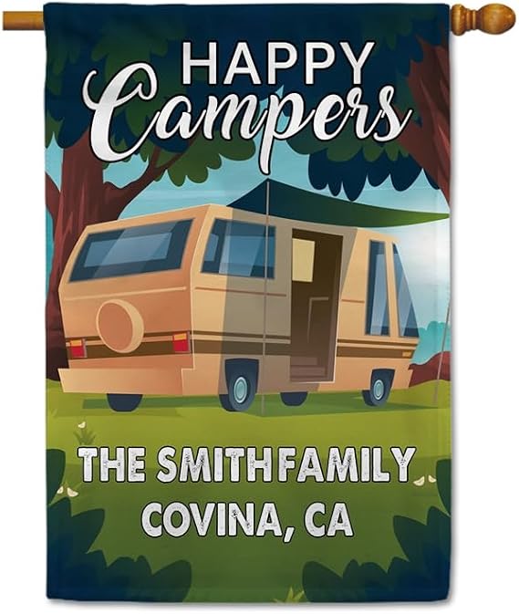 Personalized Happy Campers House Flag Camping Welcome Banner 28 x 40 Inch Double Sided RV Campsite for Outside Porch Yard Garden Outdoor Decoration