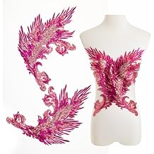 Silvora Pair Embroidery Phoenix Costume Sequin Appliques Patches, Peacock Feather Tail Applique Embellishments for Dance Dresses,Clothes,T-Shirt,Neckline Bodice Pants (Rose red)