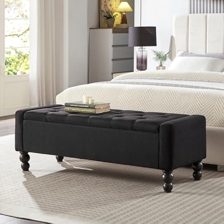 50 W Storage Ottoman Bench with Safety Hinge, Load up to 660 lb Ottoman with Storage, Upholstered Tufted Entryway Bench with Seating for Living Room, Bedroom, Entryway, Black