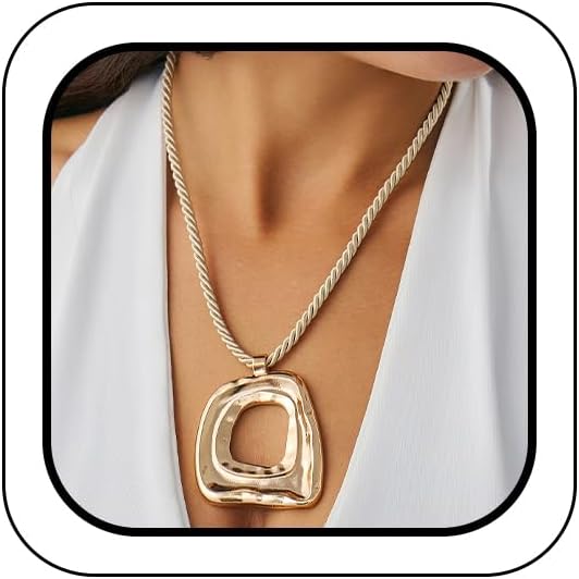 Chunky Gold Large Hollow Square Pendant Long Rope Necklaces for Women, Boho Big Silver Ethnic Style Necklace Statement Party Festival Jewelry Gifts
