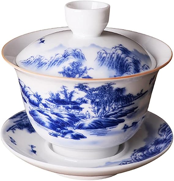 Jingdezhen Chinese Gaiwan Handmade 6.3oz/180ml Mountain Style China Blue and White Porcelain Gaiwan Kungfu Teacup Traditional Chinese Teaware Tea Set