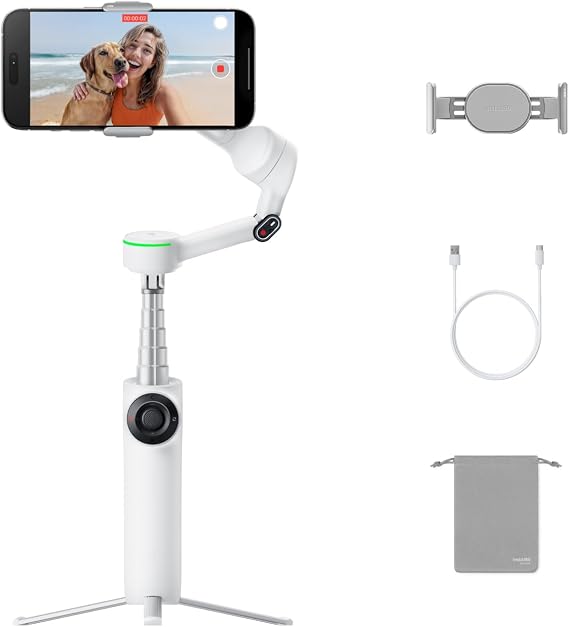 Insta360 Flow 2 Pro White - Industry-First AI Phone Gimbal with Apple DockKit, Pioneering 360o Pan Tracking, Free Tilt, Built-in Tripod/Selfie Stick, Portable Vlog/Travel Stabilizer