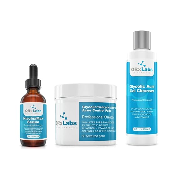 QRxLabs Acne Care - Acne Control Pads with 10% Glycolic + 2% Salicylic Acid, Niacinamide Serum for Enhanced Penetration, Glycolic Acid Face Wash for Clear, Smooth Skin - 3 Powerful Formulas