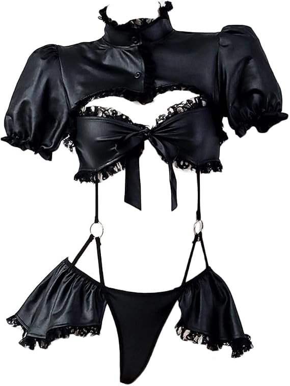 Mobbunny Goth Bodysuit Ruffled Lace Bodysuit Puff Sleeves High Collar Hollow One Piece Bodysuit