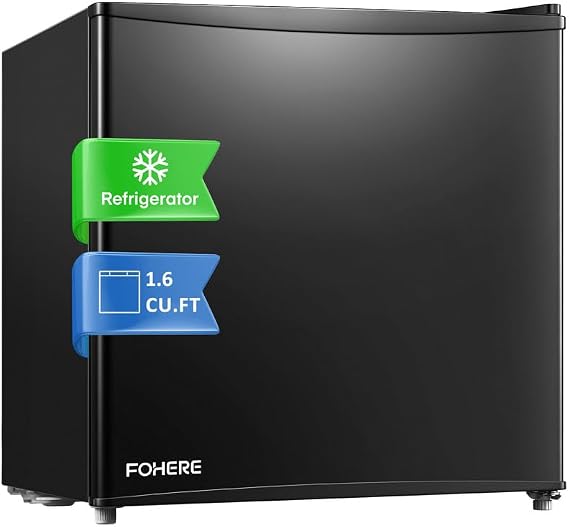 FOHERE Mini Fridge with Freezer, 1.6 Cu.ft Compact Small Drinks Refrigerator for Bedroom Single Door, Energy Saving 7-Level Adjustable Thermostat Dorm Fridge, for Apartment, Black