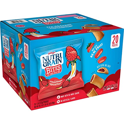 Nutri-Grain Bites Mini Breakfast Bars, Made with Whole Grains, Kids Lunch Snacks, Strawberry, 26.1oz Box 20 Pouches