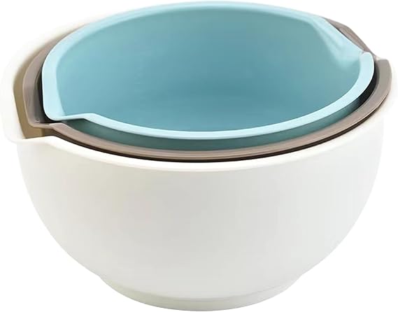 Set of 3 Mixing Bowls with Pour Spout-Nesting Design Saves Space - Non-Slip, BPA Free, Dishwasher Safe Plastic - Kitchen Cooking and Baking Supplies (Blue Grey white)