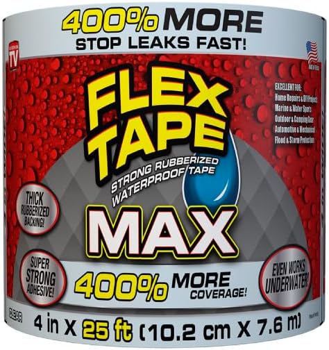 Flex Tape, MAX, Original Thick Flexible Rubberized Waterproof Tape - Seal and Patch Leaks, Works Underwater, Indoor Outdoor - Home RV Roof and Pool Repairs, Clear, 4 in x 25 ft, Pack of 1