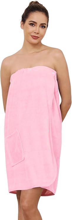 AMVELOP Womens Knee Length Wrap Towel,Button Bath Robe Adjustable Closure,Lightweight Spa Bathrobes With Pocket