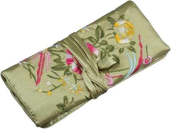 SOFEA Oriental Silk Jewellery Roll Wrap Jewelry Pouch Organizer Travel Storage Case Green
