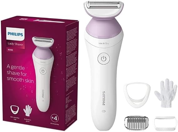 Philips Lady Shaver Series 6000 — cordless wet and dry shaver with 4 accessories, body scrub glove, comb attachment (model BRL136/00)