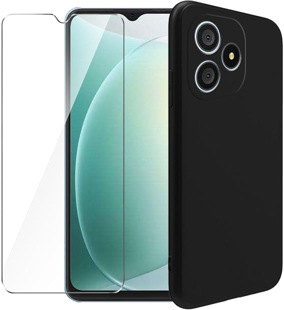 Case for Blackview Wave 9C + Glass Screen Protector Tempered Film - Transparent Silicone Soft Flexible Bumper Shockproof TPU Protective Cover Shell (Black)