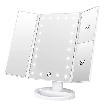 WEILY Makeup Mirror with 21 LED Lights,Two Power Supply Modes, Adjustable Touch Screen and 1x/2x/3x Magnification Tri-Fold Vanity Mirror,Chargeable Travel Cosmetic Mirror for DesktopWhite
