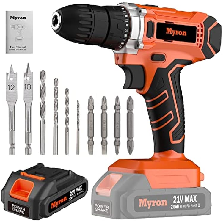 Myron 21V Cordless Drill Set, Power Drill Kit with 2Ah Li-Ion Battery & Charger, 38-Inch Keyless Chuck, 320In-lbs Torque, 2 Variable Speed, 181 Position, 0-1500RMP Variable Speed, Built-in LED Light