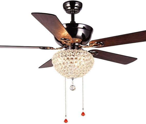 Luxurious 52 Inch Crystal Modern Ceiling Fan with Lamp 5 Blades LED Ceiling Fans Pull Chain Control 3 Speeds LED Chandelier Lighting Fixture Living Room Bedroom Restaurant Ventilator Lamp, 75W needed