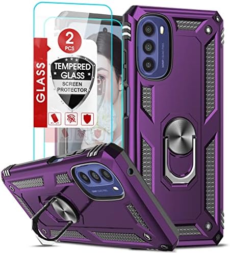 LeYi for Motorola Moto G 5G 2022 Case: with 2 Pcs Tempered Glass Screen Protector for Girls Boys, Heavy Duty Shockproof Case with Magnetic Kickstand Ring Holder for Moto G 5G 2022, Purple