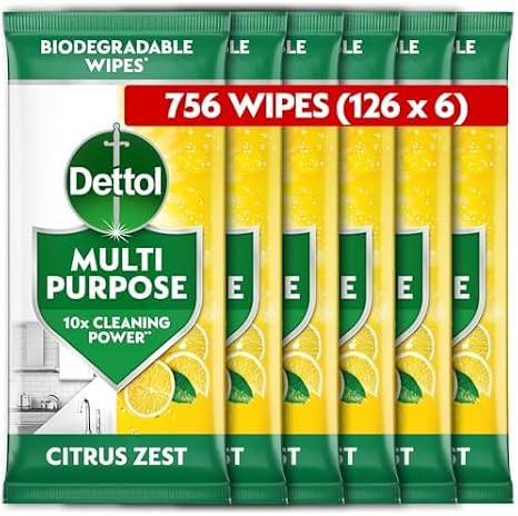 Dettol Antibacterial Multipurpose Cleaning Biodegradable Wipes, Citrus Zest, 756 Wipes (126 x 6pck) Disinfectant, Home Hygiene, Kills 99.9 Percent of Germs