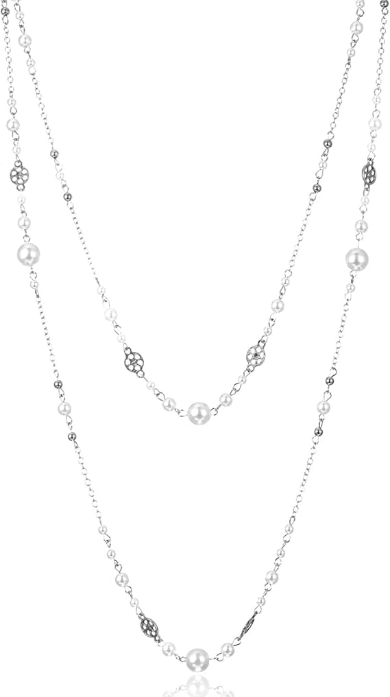 Long Silver Necklaces for Women, Costume Jewellery for Women Dainty Beaded Pearl Layered, Long Double Chain Ladies Silver Necklace Costume Jewellery Gifts for Mum