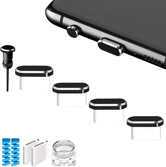 USB C Anti Dust Plugs Type C Charging Port Cover Protector Caps 4 PCS with 2 Spiral Cord Savers Compatible with iPhone 17/16/15 Plus Pro Max Samsung Galaxy S25/S24/S23 Ultra Pixel 9