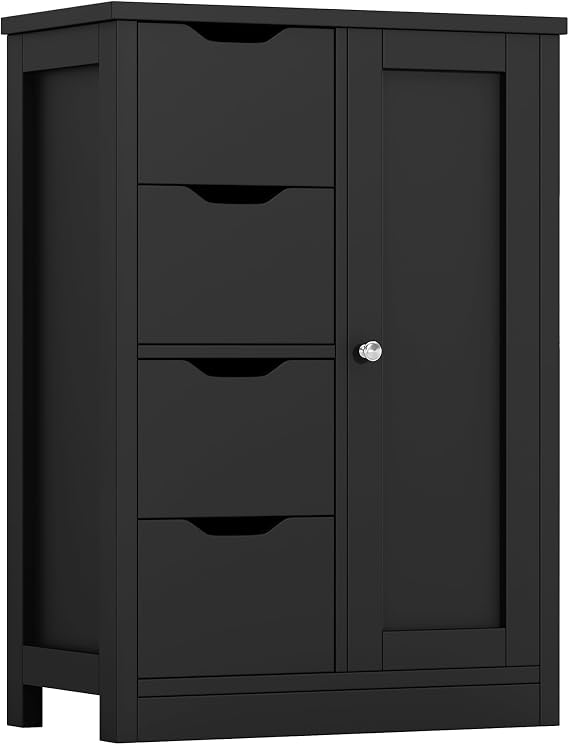 Shintenchi Bathroom Floor Storage Cabinet, Wooden Storage Organizer with 4 Drawers and 1 Cupboard, Freestanding Bathroom Furniture, Home Storage Unit with Adjustable Shelf, Black