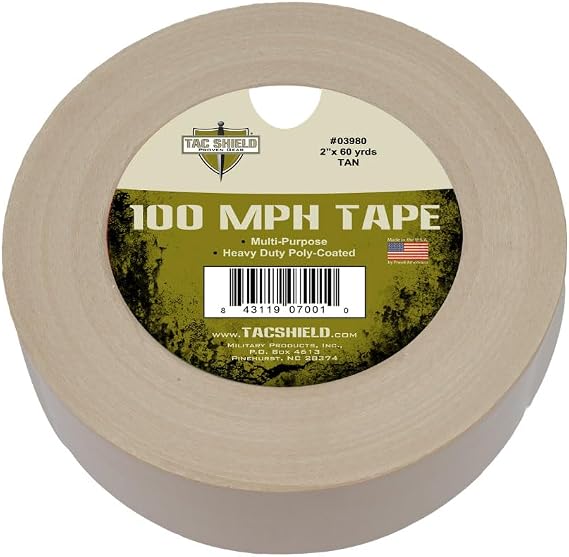 Tac Shield Heavy Duty 100 MPH Tape, 60-Yards, 2"-Wide, Weather Resistant, Strong Adhesive Repair Tape for Tactical, Outdoor, and Emergency Use, Made in USA
