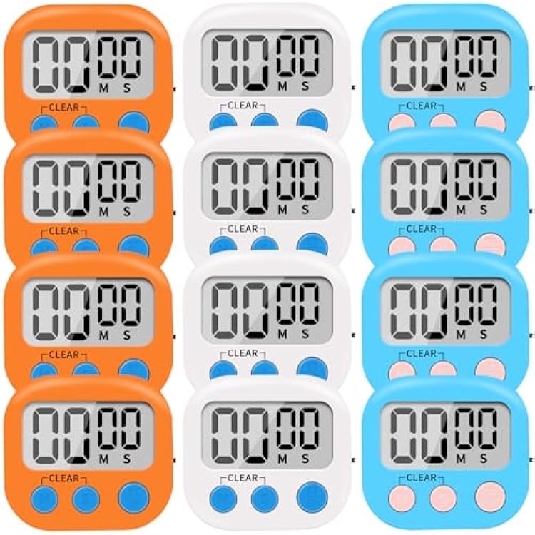 12 Pack Small Digital Kitchen Timer Magnetic Back and ONOff Switch,Minute Second Count Up CountdownWhite,Blue,Orange