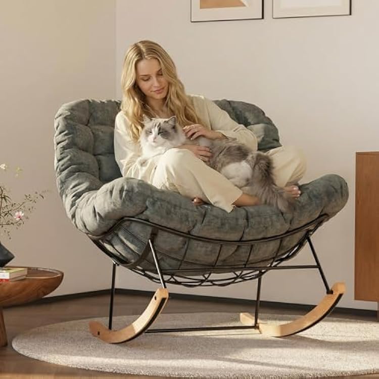FLEXISPOT Oversized Rocking Accent Chair with Thick Cushion & Bonus Pillow, Papasan Style Lounge Chair with Metal Frame & Wood Base, Cozy Living Room Armchair for Bedroom, Balcony, Reading Nook Grey