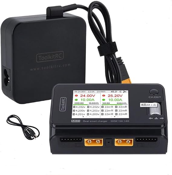 ToolkitRC M6D 15A x 2 DC Dual-Channel Output 1-6s Charger Discharger and ADP100 100w 20v 5A Power Supply Unit Set Sell, Black
