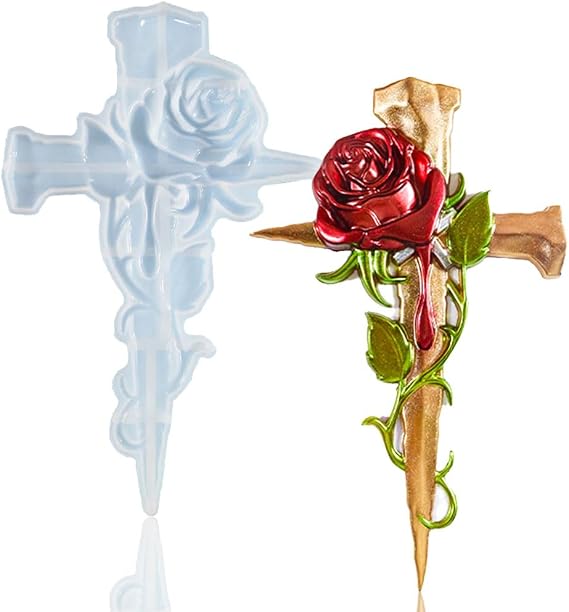 BIGEBO Rose Cross Resin Mold, 3D Large Cross Silicone Mold for Epoxy Resin Flower Crucifix Silicone Mold for DIY Resin Art Wall Decor Hanging Ornament