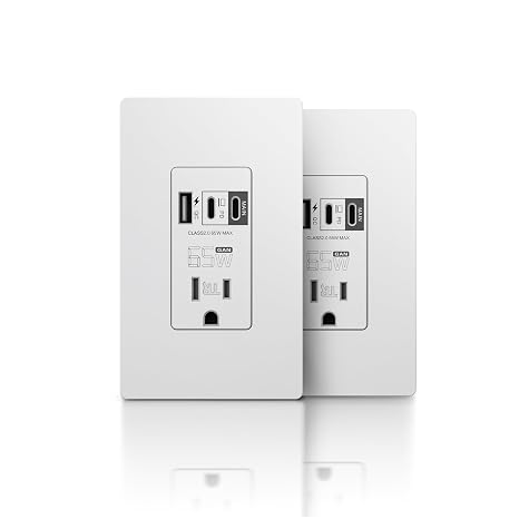 TOPELER USB Wall Outlet, 65W GaN USB Outlet Receptacles with 3 USB Ports for Laptop, 15 Amp Tamper-Resistant Receptacle Plug, Screwless Wall Plate Included, ETL Listed, White, 2 Pack