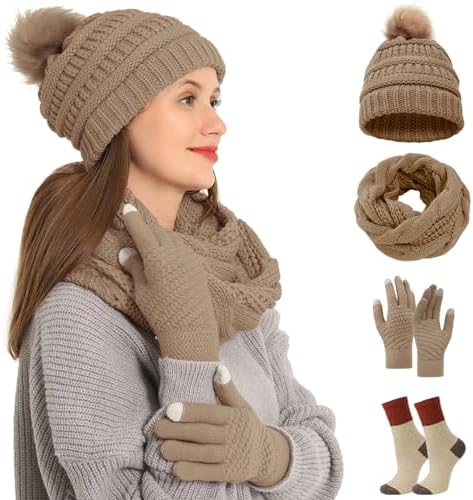 4pcs Winter Beanie Hat Scarf Touch Screen Gloves Warm Knit Socks Set for Women Knit Hat with Faux Fur Ball Scarves Glove