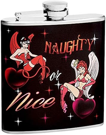 Hip Flask Holding 6 oz - Naughty or Nice Pin-Up Girl Design - Pocket Size, Stainless Steel, Leak Proof, Screw-On Cap - Red and Black Wrapped Vinyl Finish - Black Gift Box Included
