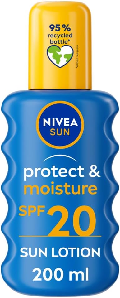 NIVEA SUN Protect & Moisture Sun Lotion SPF 20 (200 ml), Suncream with Vitamin C and Hyaluron, Provides 48H Moisture and Immediate UVA/UVB Protection, Fast-Absorbing, No White Cast Formula