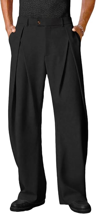 Runcati Mens Baggy Wide Leg Dress Pants Pleated Casual Work Slacks Trousers