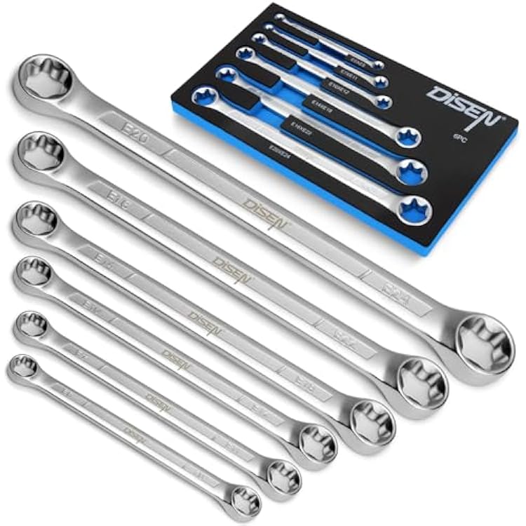 DISEN 6-Piece E-Torx Wrench Set, Double Box End Wrench Set, CR-V Steel, Spanner Set Including E6E8, E7E11,E10E12, E14E18, E16E22 and E20E24