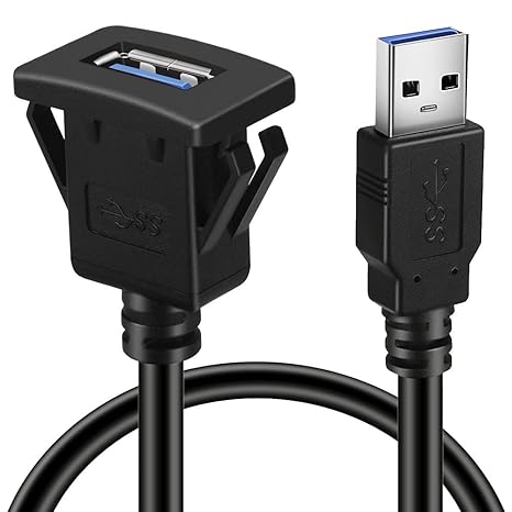 Square Single Port USB 3.0 Panel Flush Mount Extension Cable with Buckle for Car Truck Boat Motorcycle Dashboard 1ft